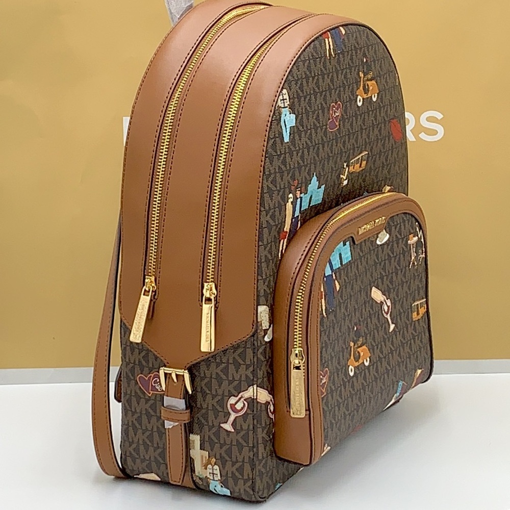 MICHAEL KORS JET SET GIRLS JAYCEE LARGE ZIP POCKET BACKPACK BROWN MULTI COLOR - Picture 3 of 16